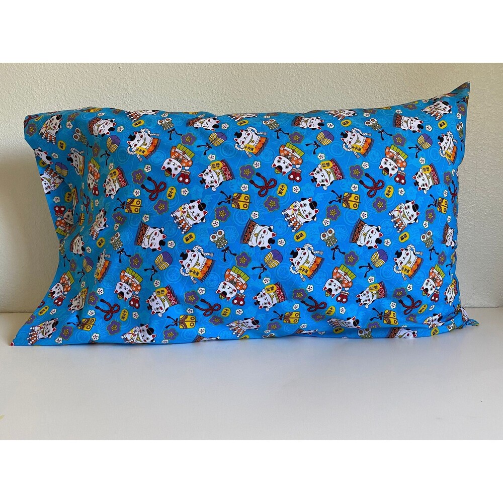 Blue Maneki-Neko Pattern Pillowcase | Handmade | 100% Cotton